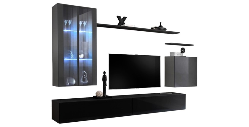 Ensemble meuble salon mural SWITCH XII design, coloris noir et gris brillant.