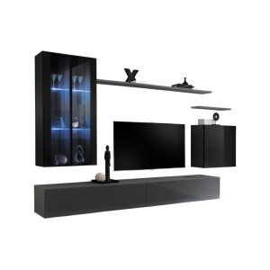 Ensemble meuble salon mural SWITCH XII design, coloris gris et noir brillant.
