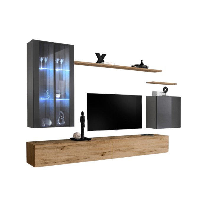 Ensemble meuble salon mural SWITCH XII design, coloris chêne Wotan et gris brillant.