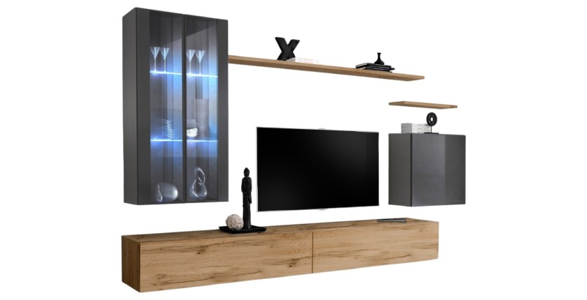 Ensemble meuble salon mural SWITCH XII design, coloris chêne Wotan et gris brillant.