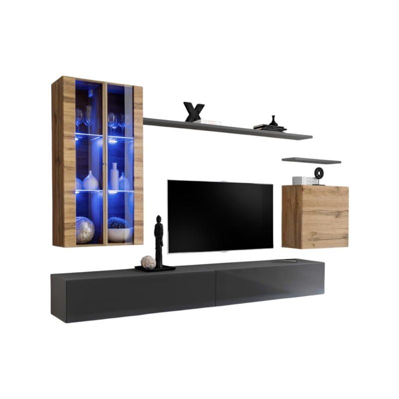 Ensemble meuble salon mural SWITCH XII design, coloris gris brillant et chêne Wotan.