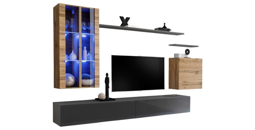 Ensemble meuble salon mural SWITCH XII design, coloris gris brillant et chêne Wotan.