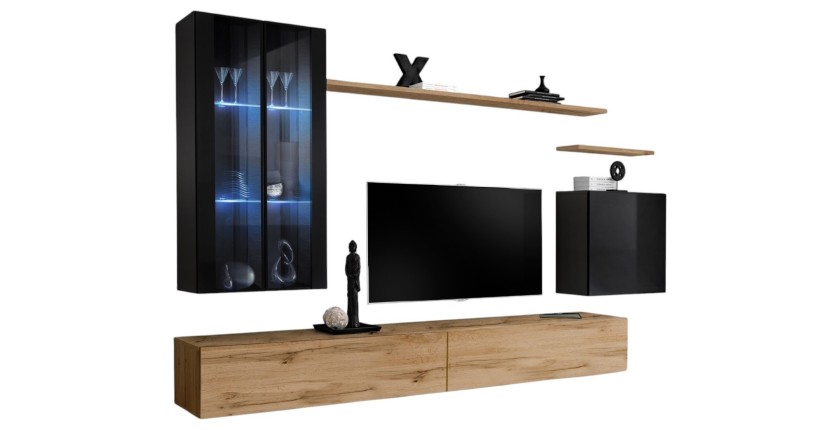 Ensemble meuble salon mural SWITCH XII design, coloris chêne Wotan et noir brillant.
