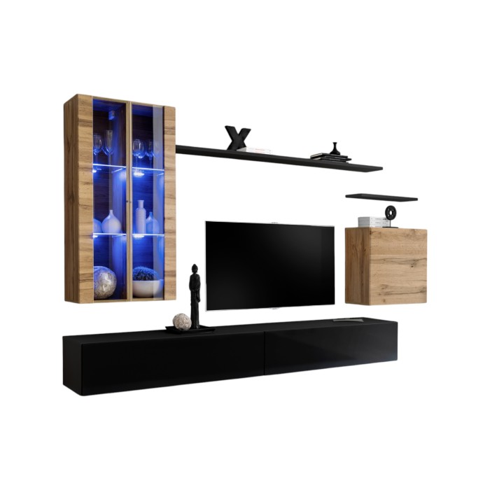 Ensemble meuble salon mural SWITCH XII design, coloris noir brillant et chêne Wotan.