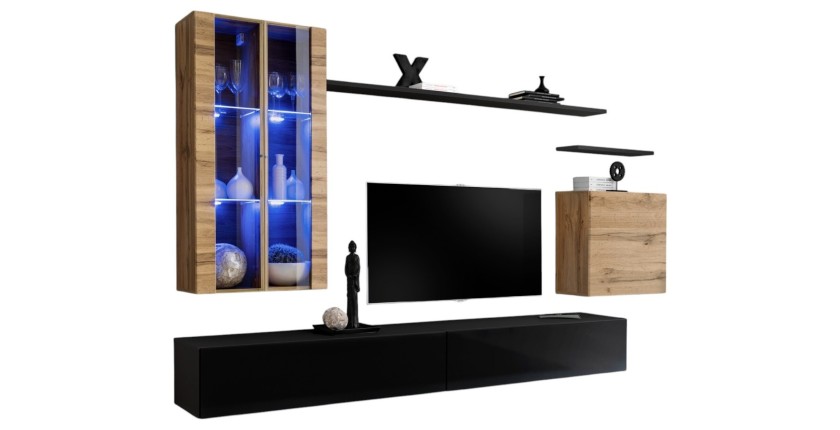 Ensemble meuble salon mural SWITCH XII design, coloris noir brillant et chêne Wotan.
