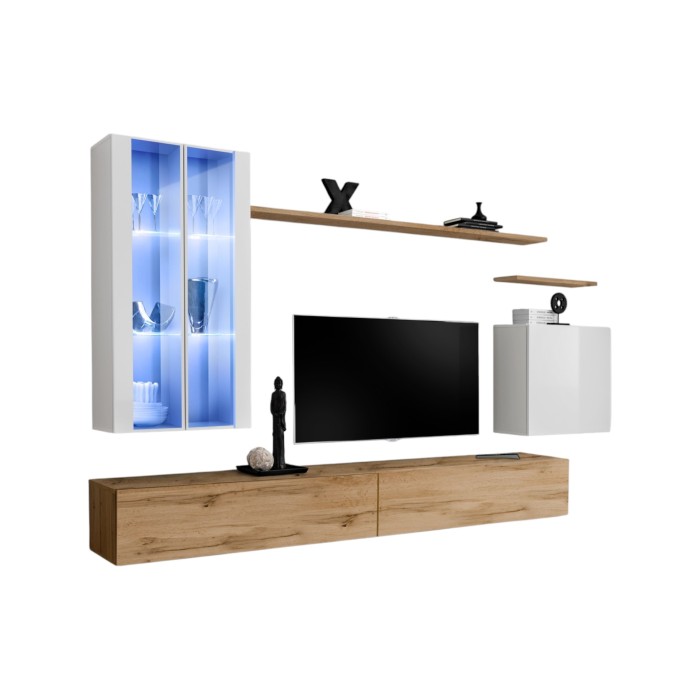 Ensemble meuble salon mural SWITCH XII design, coloris chêne Wotan et blanc brillant.