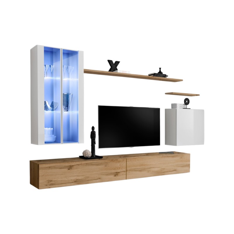 Ensemble meuble salon mural SWITCH XII design, coloris chêne Wotan et blanc brillant.