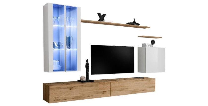 Ensemble meuble salon mural SWITCH XII design, coloris chêne Wotan et blanc brillant.