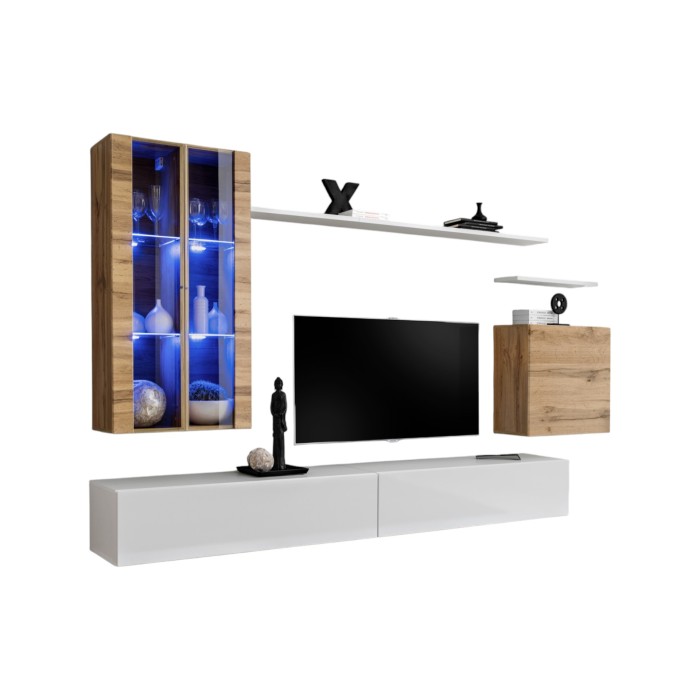 Ensemble meuble salon mural SWITCH XII design, coloris blanc brillant et chêne Wotan.