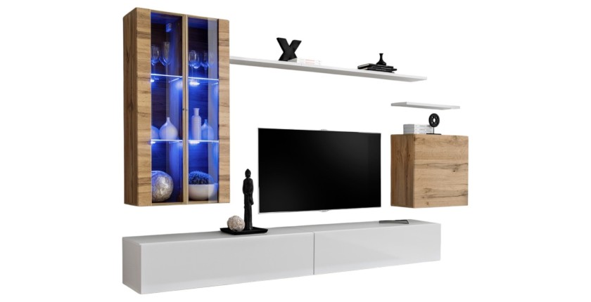 Ensemble meuble salon mural SWITCH XII design, coloris blanc brillant et chêne Wotan.