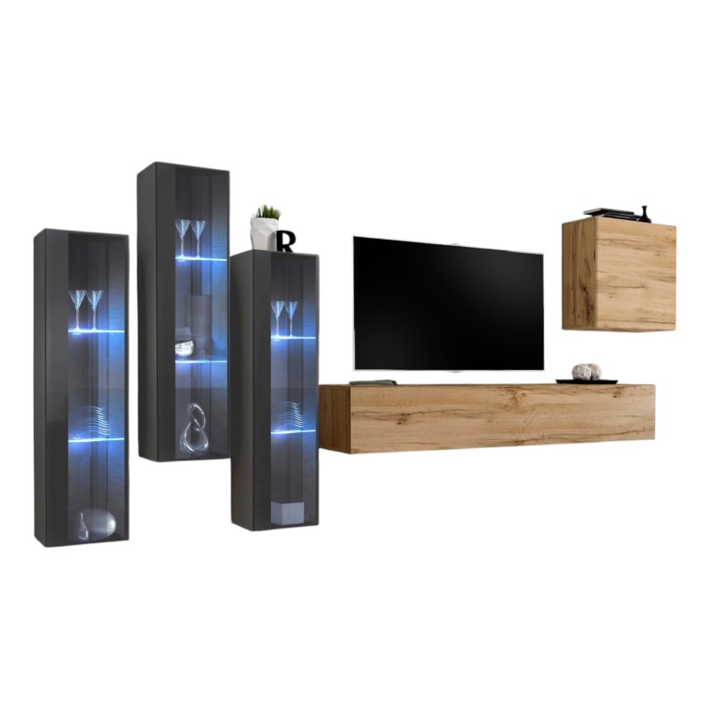 Ensemble meuble salon mural SWITCH XIII design, coloris chêne Wotan et gris.