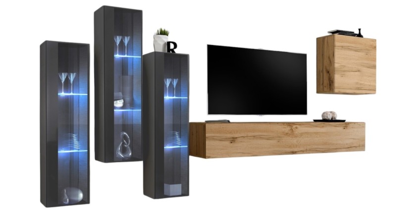 Ensemble meuble salon mural SWITCH XIII design, coloris chêne Wotan et gris.