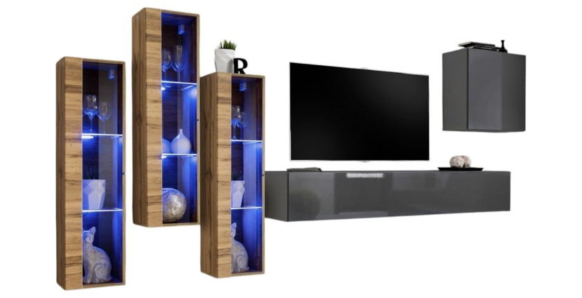 Ensemble meuble salon mural SWITCH XIII design, coloris gris et chêne Wotan.