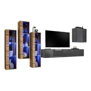 Ensemble meuble salon mural SWITCH XIII design, coloris gris et chêne Wotan.