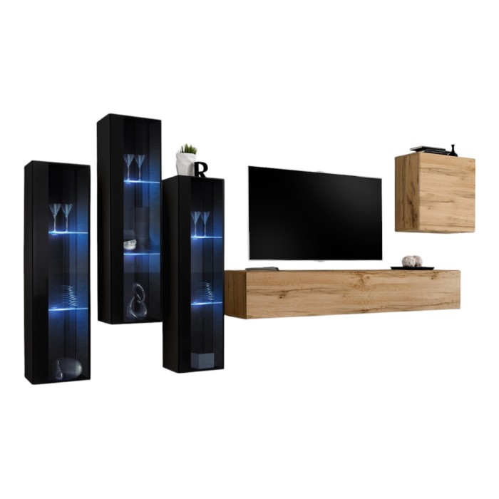 Ensemble meuble salon mural SWITCH XIII design, coloris chêne Wotan et noir.