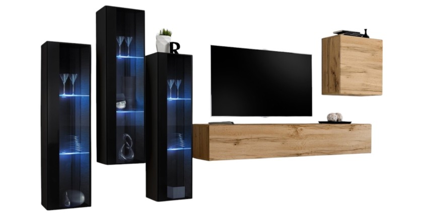 Ensemble meuble salon mural SWITCH XIII design, coloris chêne Wotan et noir.