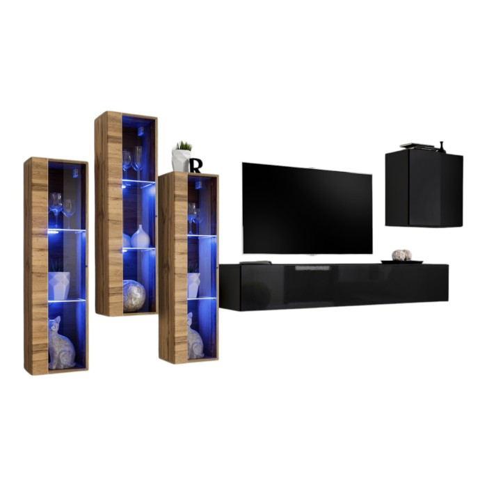 Ensemble meuble salon mural SWITCH XIII design, coloris noir et chêne Wotan.