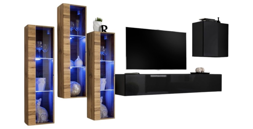 Ensemble meuble salon mural SWITCH XIII design, coloris noir et chêne Wotan.