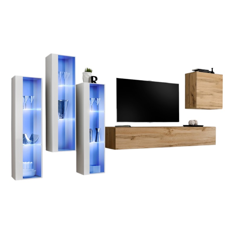 Ensemble meuble salon mural SWITCH XIII design, coloris chêne Wotan et blanc.