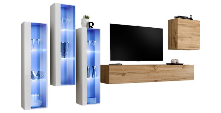 Ensemble meuble salon mural SWITCH XIII design, coloris chêne Wotan et blanc.