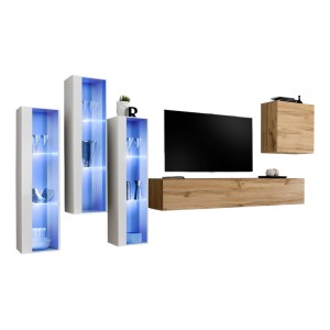 Ensemble meuble salon mural SWITCH XIII design, coloris chêne Wotan et blanc.