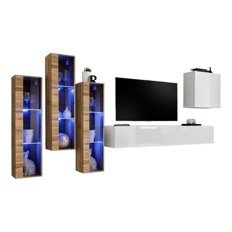 Ensemble meuble salon mural SWITCH XIII design, coloris blanc brillant et chêne Wotan.