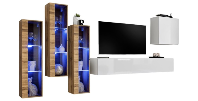 Ensemble meuble salon mural SWITCH XIII design, coloris blanc brillant et chêne Wotan.