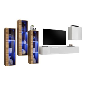 Ensemble meuble salon mural SWITCH XIII design, coloris blanc brillant et chêne Wotan.