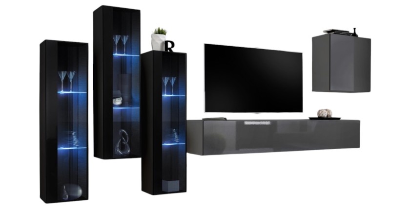 Ensemble meuble salon mural SWITCH XIII design, coloris gris brillant et noir.