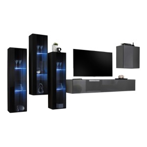 Ensemble meuble salon mural SWITCH XIII design, coloris gris brillant et noir.