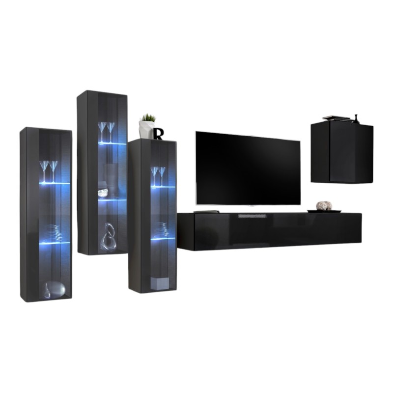 Ensemble meuble salon mural SWITCH XIII design, coloris noir brillant et gris.