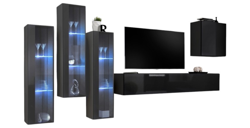 Ensemble meuble salon mural SWITCH XIII design, coloris noir brillant et gris.