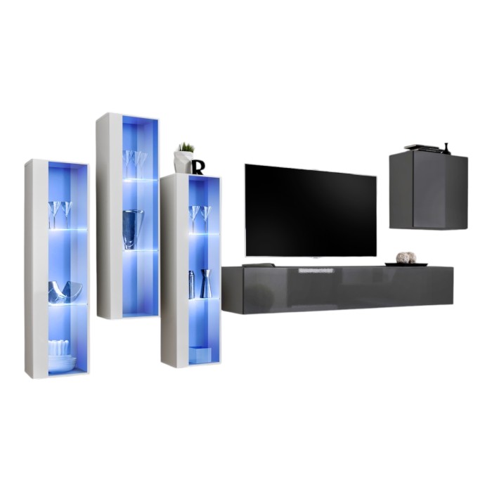 Ensemble meuble salon mural SWITCH XIII design, coloris gris brillant et blanc.