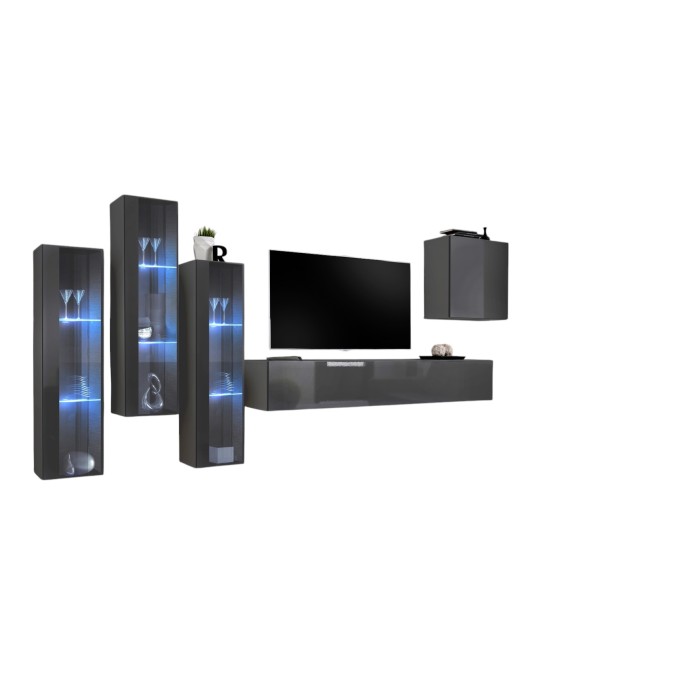 Ensemble meuble salon mural SWITCH XIII design, coloris gris brillant.