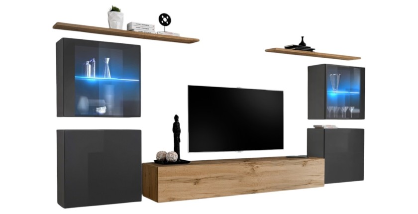 Ensemble meuble salon mural SWITCH XIV design, coloris chêne Wotan et gris brillant.