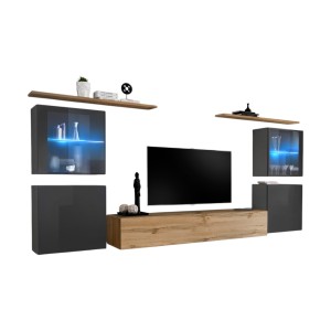 Ensemble meuble salon mural SWITCH XIV design, coloris chêne Wotan et gris brillant.