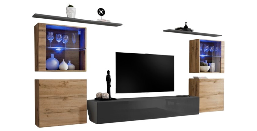 Ensemble meuble salon mural SWITCH XIV design, coloris gris brillant et chêne Wotan.