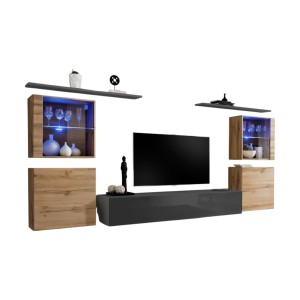Ensemble meuble salon mural SWITCH XIV design, coloris gris brillant et chêne Wotan.