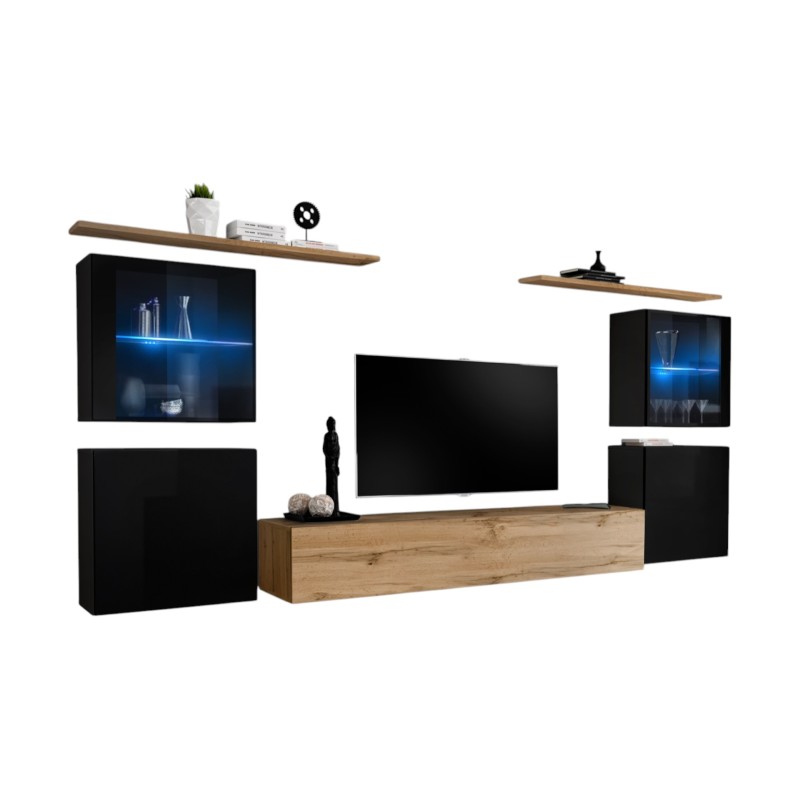 Ensemble meuble salon mural SWITCH XIV design, coloris chêne Wotan et noir brillant.