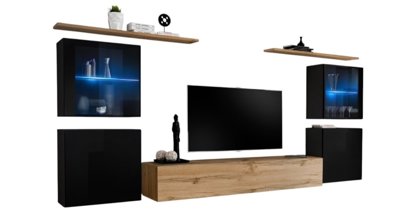 Ensemble meuble salon mural SWITCH XIV design, coloris chêne Wotan et noir brillant.