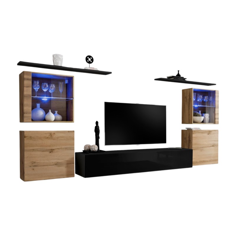 Ensemble meuble salon mural SWITCH XIV design, coloris noir brillant et chêne Wotan.