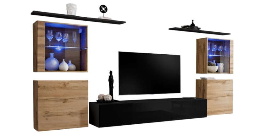 Ensemble meuble salon mural SWITCH XIV design, coloris noir brillant et chêne Wotan.
