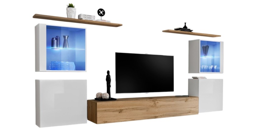 Ensemble meuble salon mural SWITCH XIV design, coloris chêne Wotan et blanc brillant.