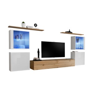 Ensemble meuble salon mural SWITCH XIV design, coloris chêne Wotan et blanc brillant.