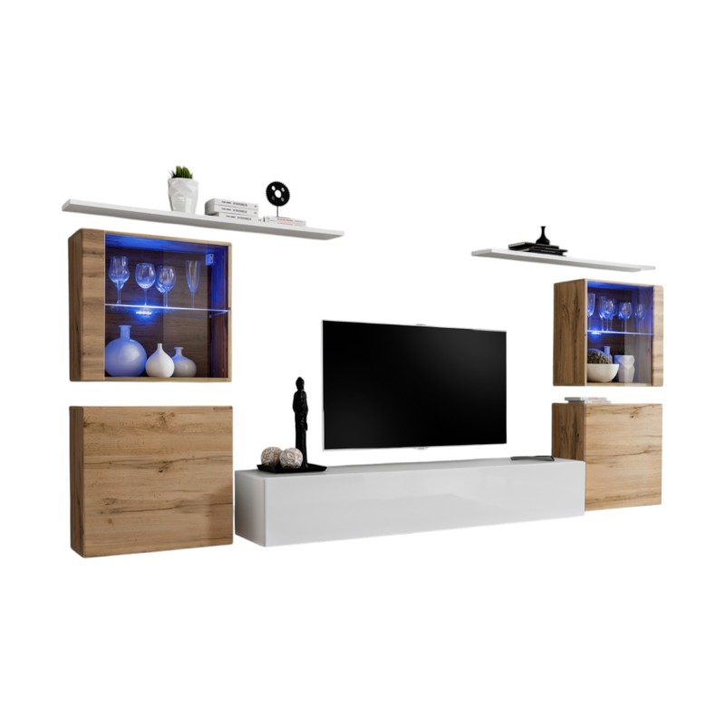 Ensemble meuble salon mural SWITCH XIV design, coloris blanc brillant et chêne Wotan.