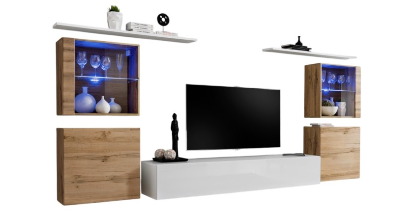 Ensemble meuble salon mural SWITCH XIV design, coloris blanc brillant et chêne Wotan.