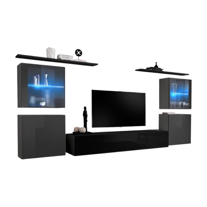 Ensemble meuble salon mural SWITCH XIV design, coloris noir et gris brillant.