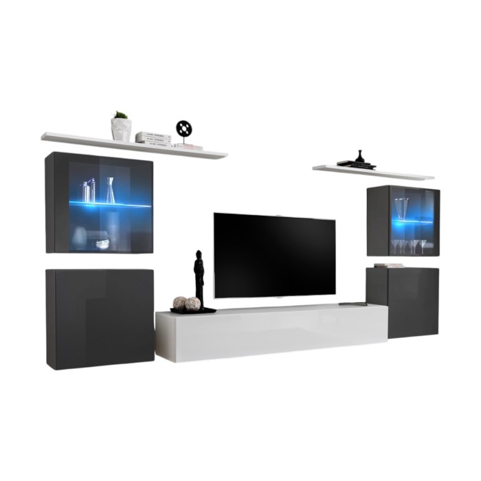 Ensemble meuble salon mural SWITCH XIV design, coloris blanc et gris brillant.