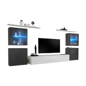 Ensemble meuble salon mural SWITCH XIV design, coloris blanc et gris brillant.