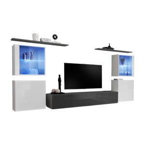 Ensemble meuble salon mural SWITCH XIV design, coloris gris et blanc brillant.